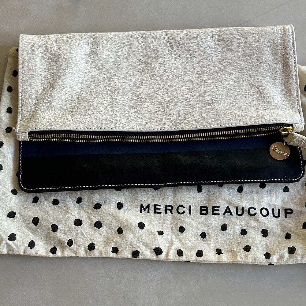 Clare V White Fold-Over Leather Clutch with Navy & Black Trim
